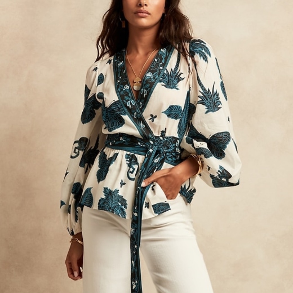 NEW!  Banana Republic Butterfly Balloon Long Sleeve Wrap Top Blue White - XS
